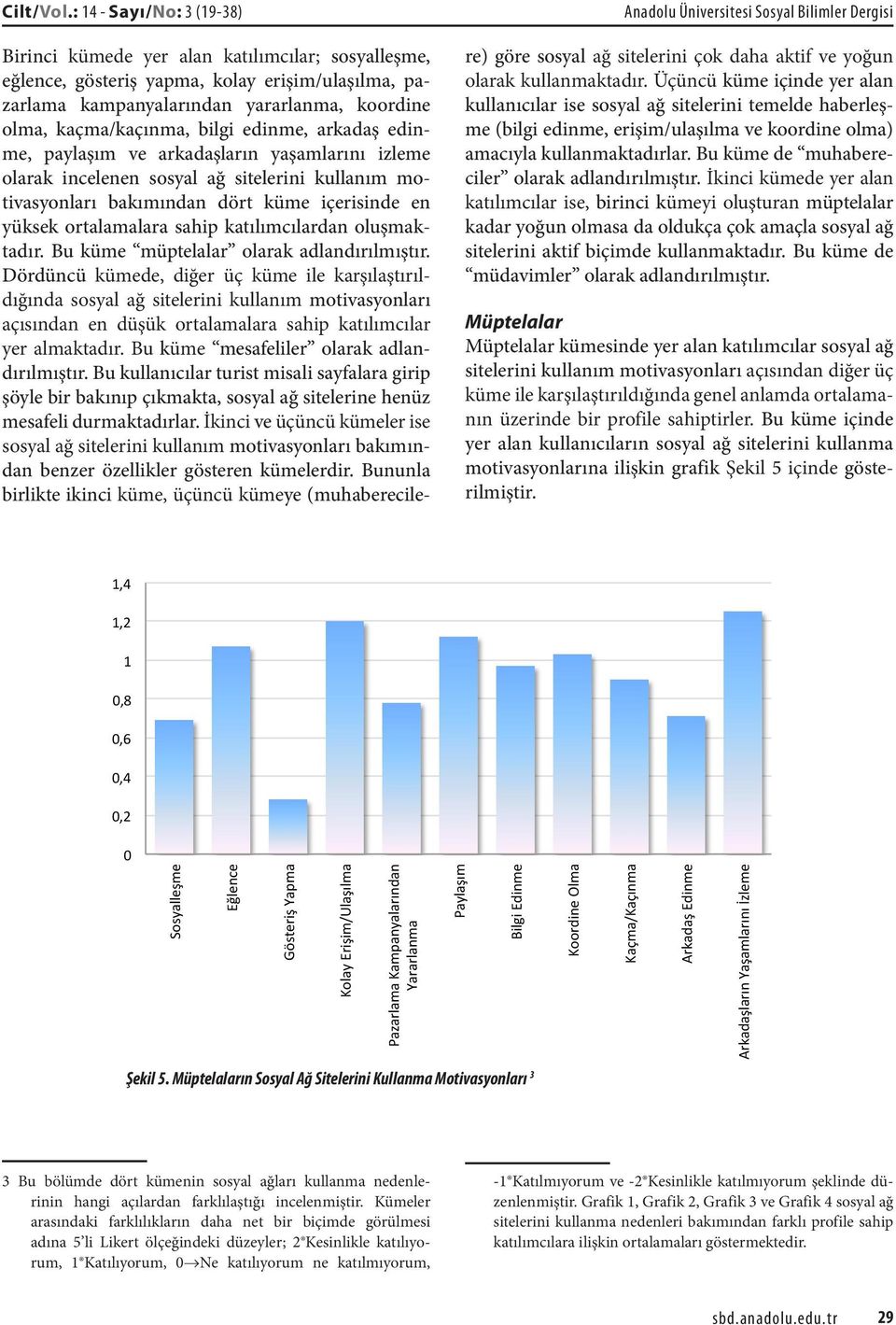 yararlanma, koordine olma, kaçma/kaçınma, bilgi edinme, arkadaş edinme, paylaşım ve arkadaşların yaşamlarını izleme olarak incelenen sosyal ağ sitelerini kullanım motivasyonları bakımından dört küme