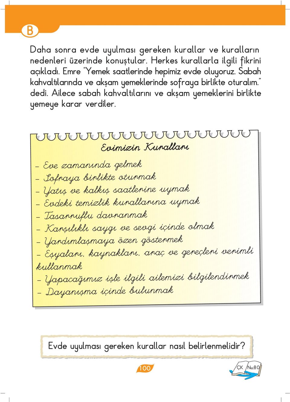 Evimizin Kurallar - Eve zaman nda gelmek - Sofraya birlikte oturmak - Yat fl ve kalk fl saatlerine uymak - Evdeki temizlik kurallar na uymak - Tasarruflu davranmak - Karfl l kl sayg ve sevgi