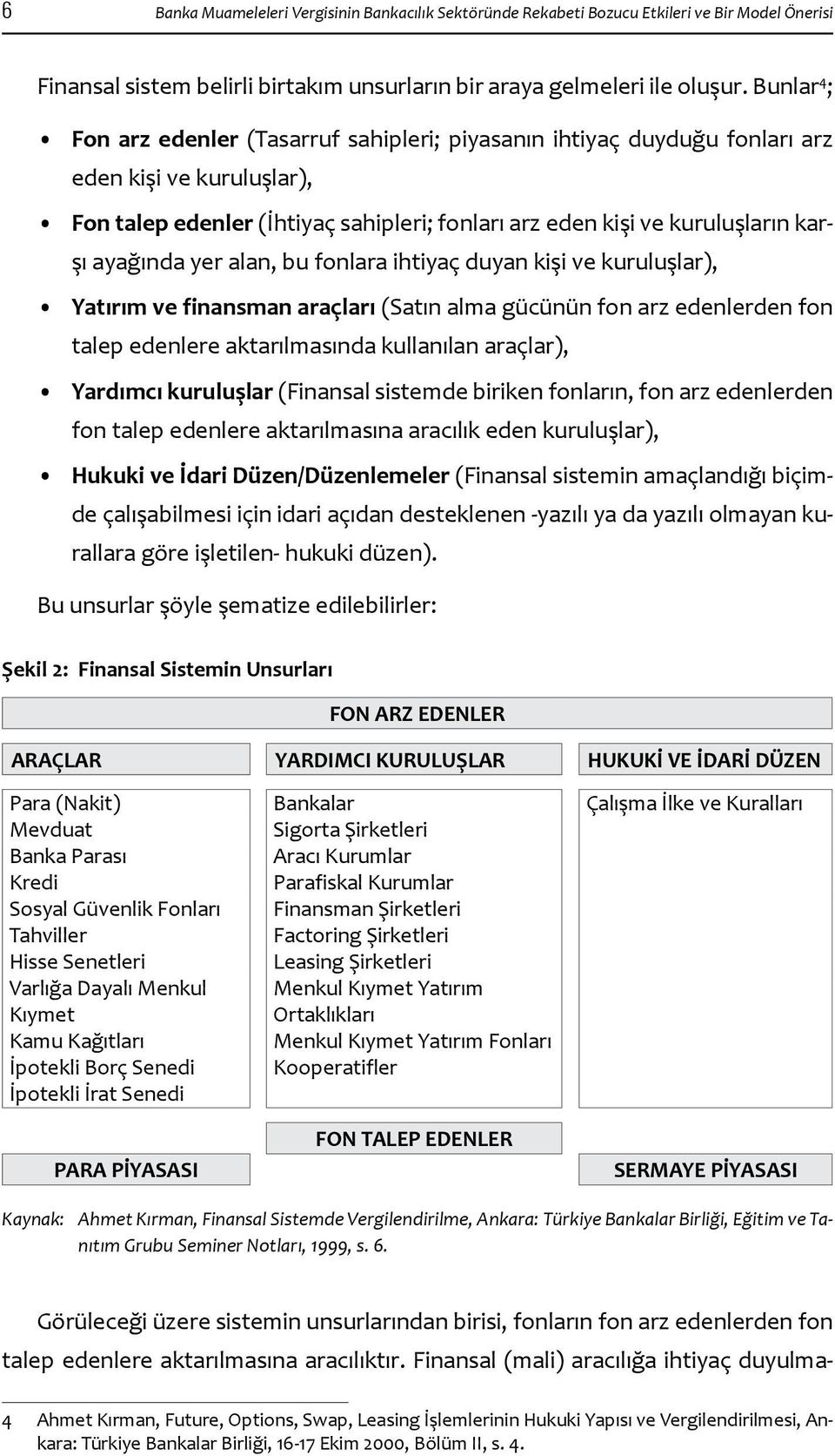 ayağında yer alan, bu fonlara ihtiyaç duyan kişi ve kuruluşlar), Yatırım ve finansman araçları (Satın alma gücünün fon arz edenlerden fon talep edenlere aktarılmasında kullanılan araçlar), Yardımcı