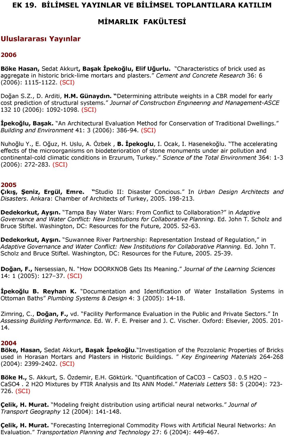 Determining attribute weights in a CBR model for early cost prediction of structural systems. Journal of Constructıon Engıneerıng and Management-ASCE 132 10 (2006): 1092-1098. (SCI) İpekoğlu, Başak.