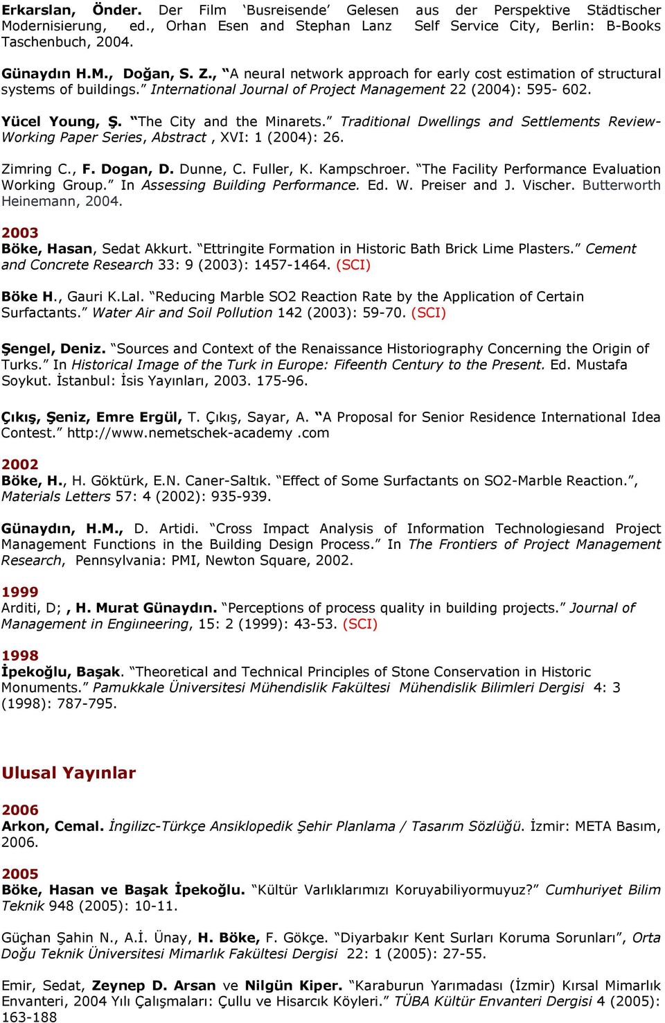 Traditional Dwellings and Settlements Review- Working Paper Series, Abstract, XVI: 1 (2004): 26. Zimring C., F. Dogan, D. Dunne, C. Fuller, K. Kampschroer.