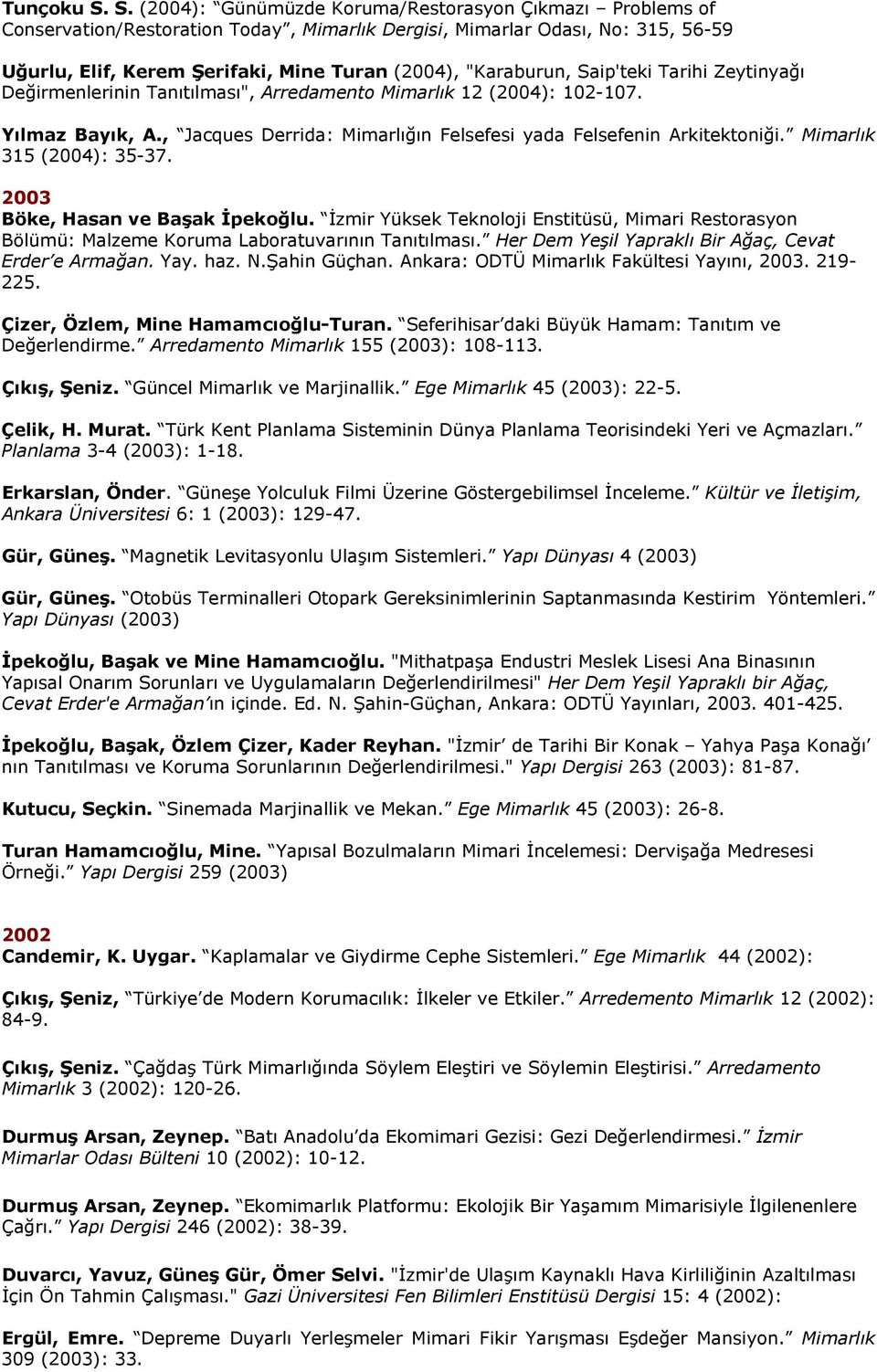 "Karaburun, Saip'teki Tarihi Zeytinyağı Değirmenlerinin Tanıtılması", Arredamento Mimarlık 12 (2004): 102-107. Yılmaz Bayık, A., Jacques Derrida: Mimarlığın Felsefesi yada Felsefenin Arkitektoniği.