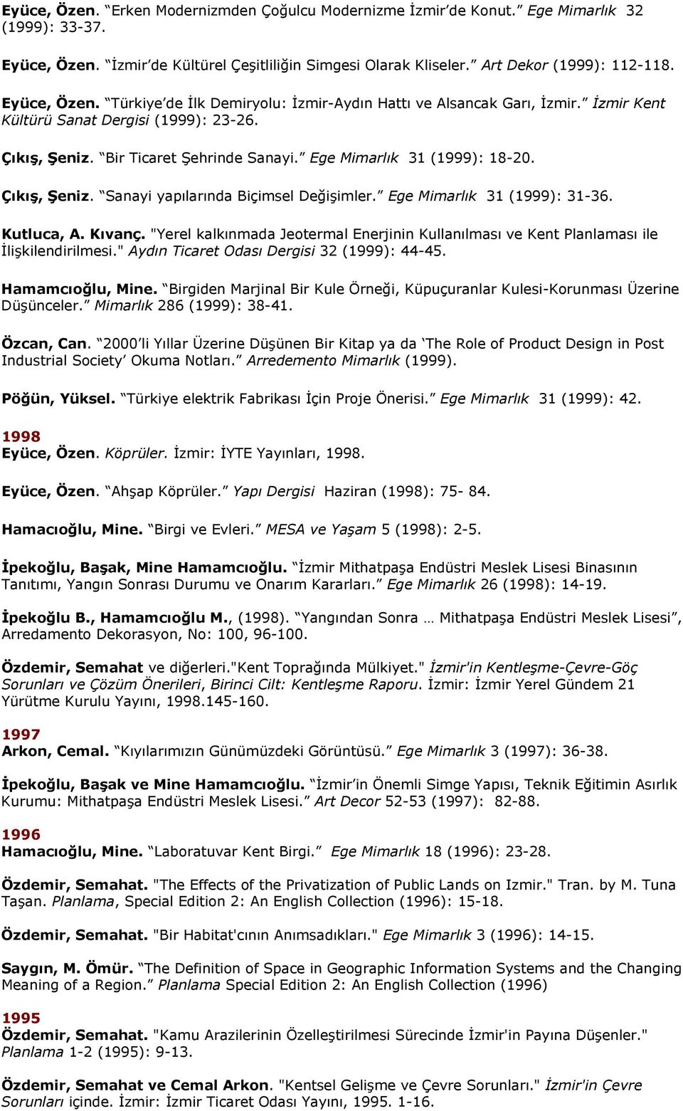 Ege Mimarlık 31 (1999): 18-20. Çıkış, Şeniz. Sanayi yapılarında Biçimsel Değişimler. Ege Mimarlık 31 (1999): 31-36. Kutluca, A. Kıvanç.