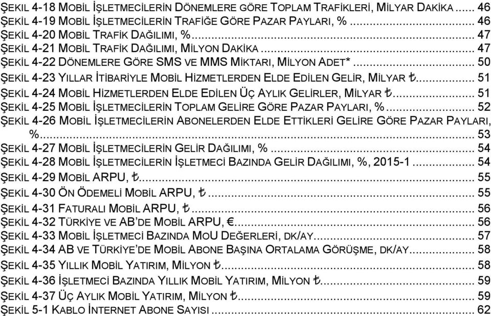 .. 51 ŞEKİL 4-24 MOBİL HİZMETLERDEN ELDE EDİLEN ÜÇ AYLIK GELİRLER, MİLYAR... 51 ŞEKİL 4-25 MOBİL İŞLETMECİLERİN TOPLAM GELİRE GÖRE PAZAR PAYLARI, %.