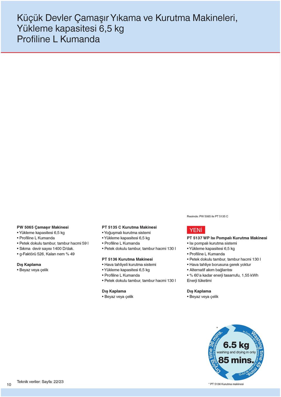 g-faktörü 526, Kalan nem % 49 Dış Kaplama Beyaz veya çelik PT 5135 C Kurutma Makinesi Yoğuşmalı kurutma sistemi Yükleme kapasitesi 6,5 kg Profiline L Kumanda Petek dokulu tambur, tambur hacmi 130 l