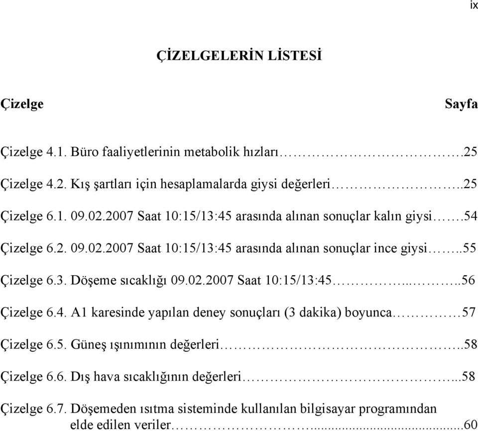 .55 Çizelge 6.3. Döşeme sıcaklığı 09.02.2007 Saat 10:15/13:45.....56 Çizelge 6.4. A1 karesinde yapılan deney sonuçları (3 dakika) boyunca 57 Çizelge 6.5. Güneş ışınımının değerleri.