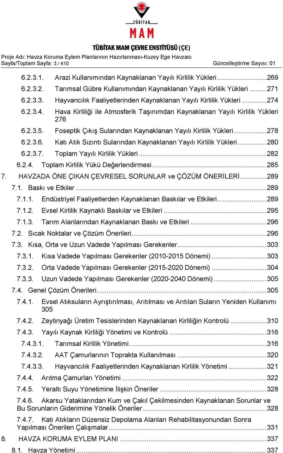 Foseptik ÇıkıĢ Sularından Kaynaklanan Yayılı Kirlilik Yükleri... 278 6.2.3.6. Katı Atık Sızıntı Sularından Kaynaklanan Yayılı Kirlilik Yükleri... 280 6.2.3.7. Toplam Yayılı Kirlilik Yükleri... 282 6.