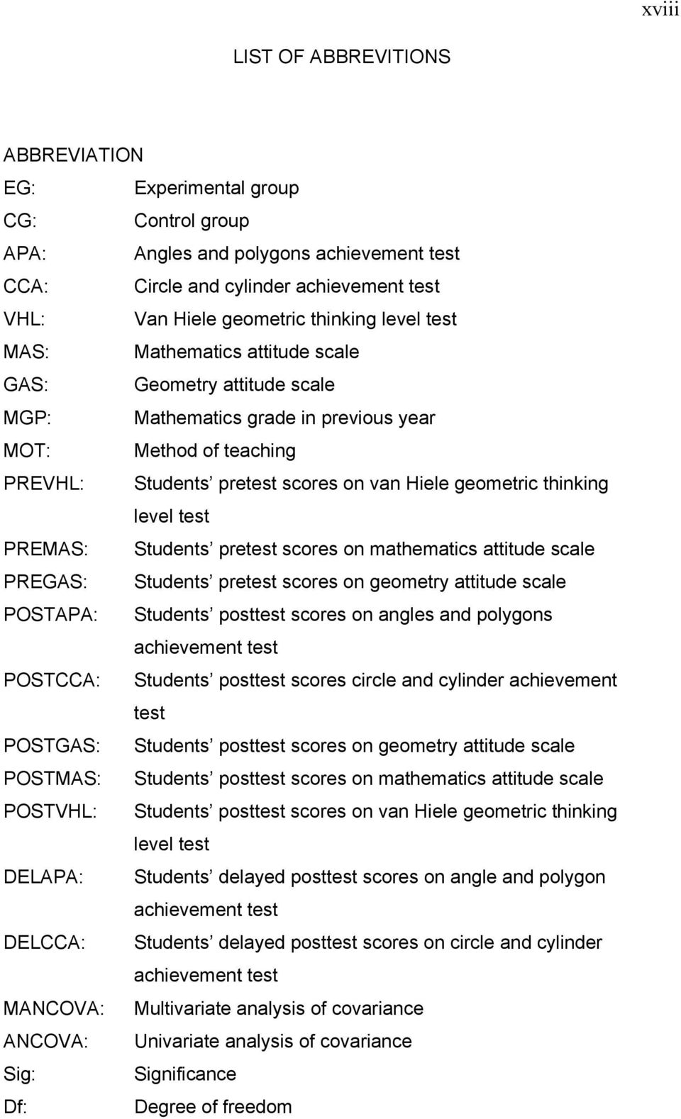 level test PREMAS: Students pretest scores on mathematics attitude scale PREGAS: Students pretest scores on geometry attitude scale POSTAPA: Students posttest scores on angles and polygons