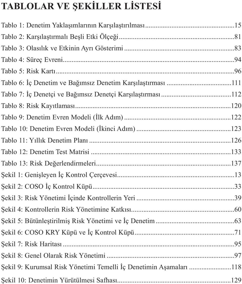 ..112 Tablo 8: Risk Kayıtlaması...120 Tablo 9: Denetim Evren Modeli (İlk Adım)...122 Tablo 10: Denetim Evren Modeli (İkinci Adım)...123 Tablo 11: Yıllık Denetim Planı.