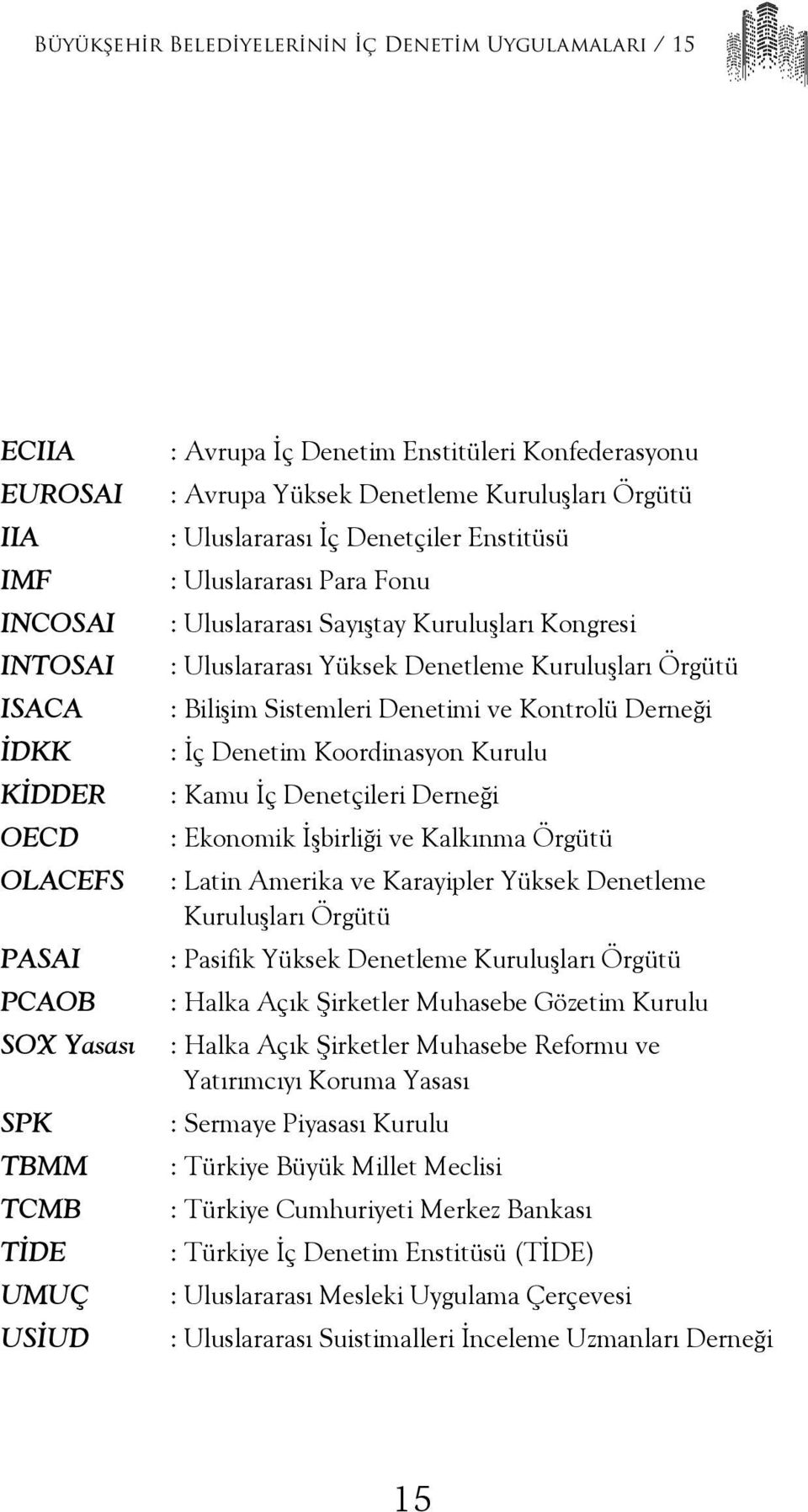 Yüksek Denetleme Kuruluşları Örgütü : Bilişim Sistemleri Denetimi ve Kontrolü Derneği : İç Denetim Koordinasyon Kurulu : Kamu İç Denetçileri Derneği : Ekonomik İşbirliği ve Kalkınma Örgütü : Latin