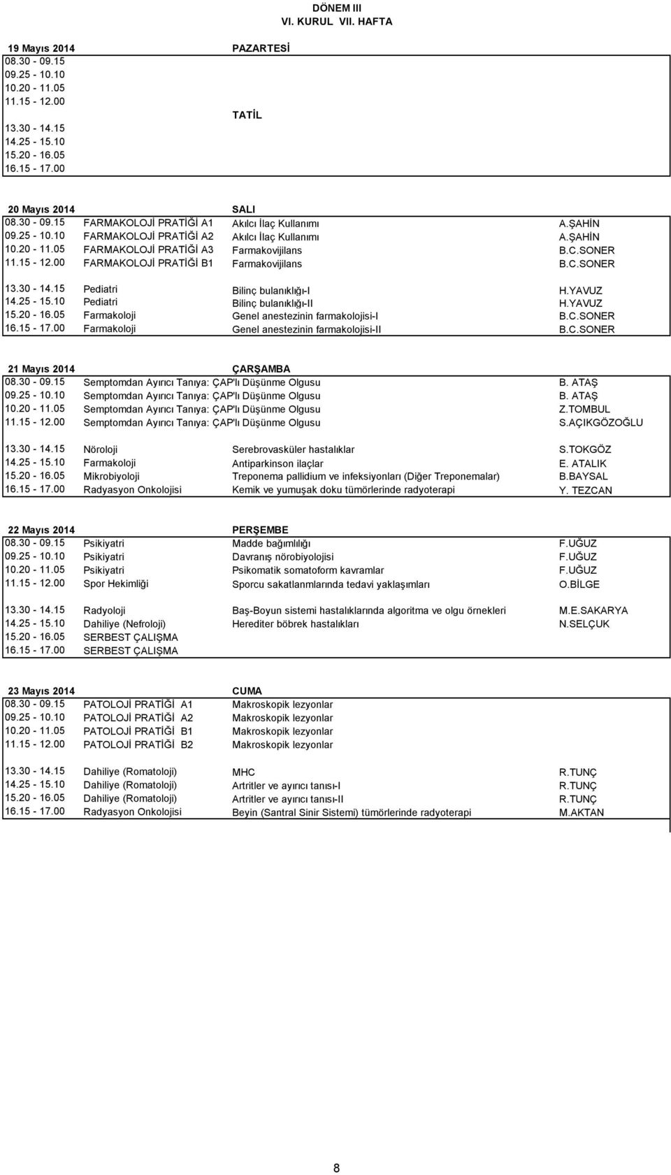 30-14.15 Pediatri Bilinç bulanıklığı-i H.YAVUZ 14.25-15.10 Pediatri Bilinç bulanıklığı-ii H.YAVUZ 15.20-16.05 Farmakoloji Genel anestezinin farmakolojisi-i B.C.SONER 16.15-17.