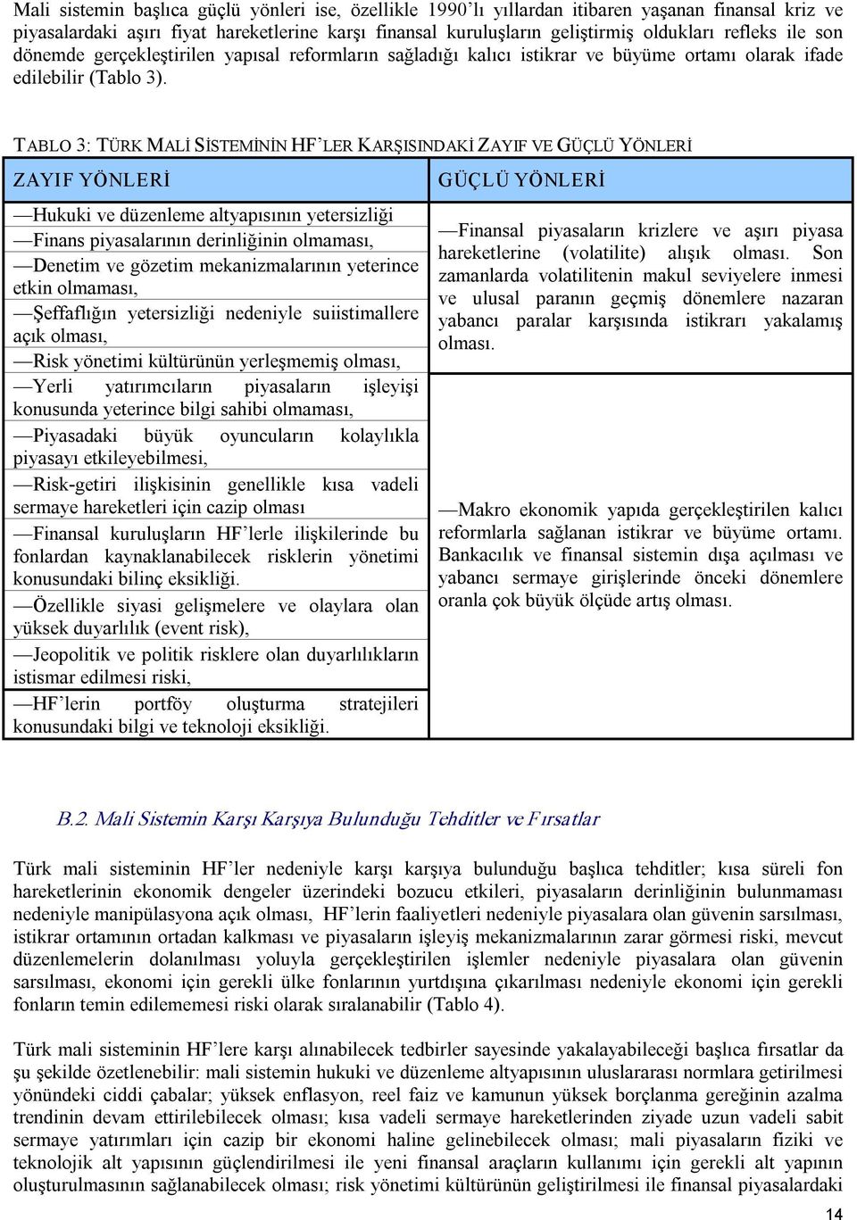 TABLO 3: TÜRK MALİ SİSTEMİNİN HF LER KARŞISINDAKİ ZAYIF VE GÜÇLÜ YÖNLERİ ZAYIF YÖNLERİ Hukuki ve düzenleme altyapısının yetersizliği Finans piyasalarının derinliğinin olmaması, Denetim ve gözetim