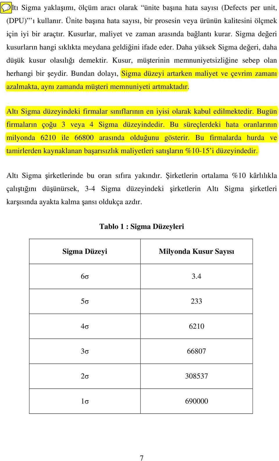 Kusur, müşterinin memnuniyetsizliğine sebep olan herhangi bir şeydir. Bundan dolayı, Sigma düzeyi artarken maliyet ve çevrim zamanı azalmakta, aynı zamanda müşteri memnuniyeti artmaktadır.