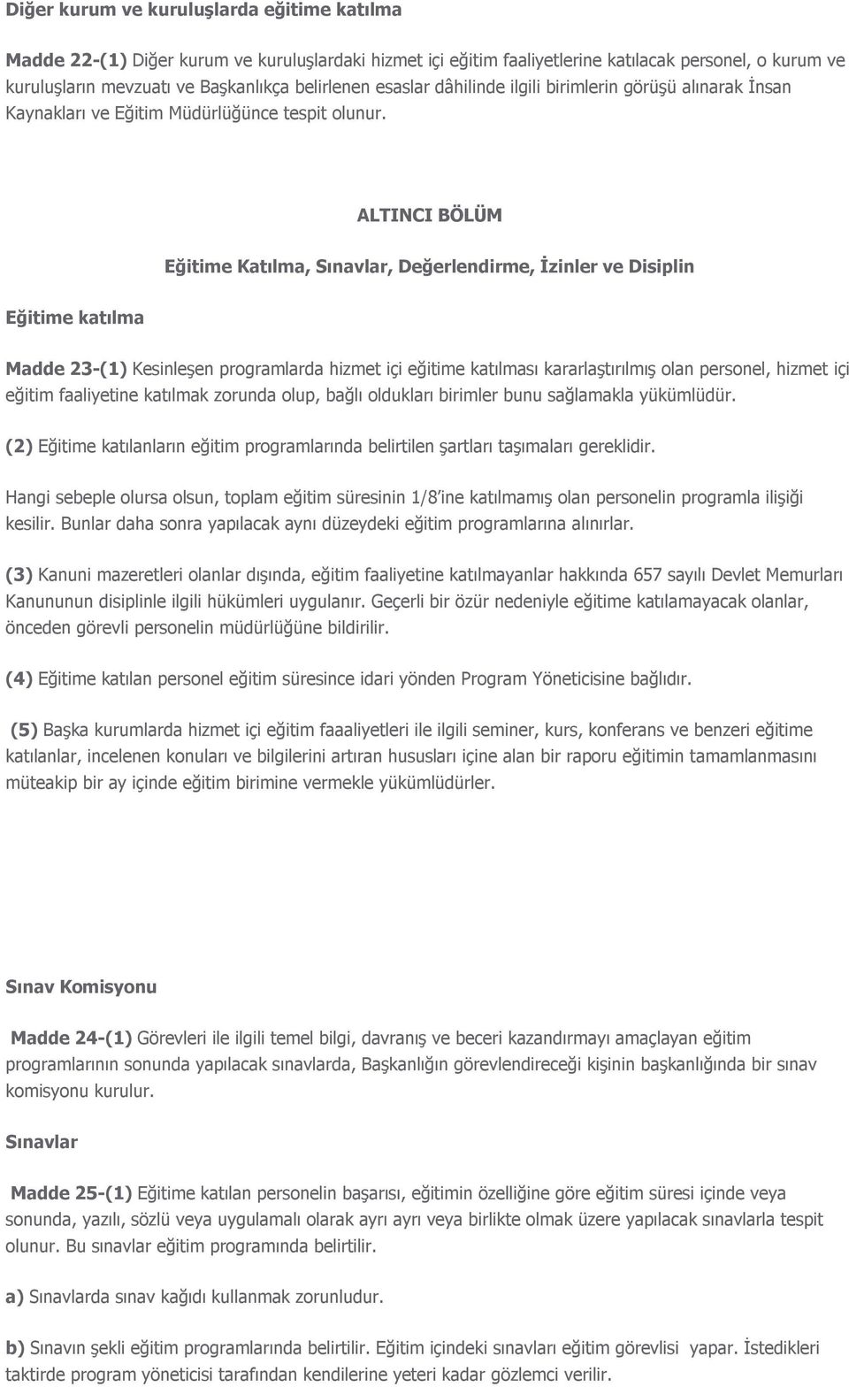 ALTINCI BÖLÜM Eğitime Katılma, Sınavlar, Değerlendirme, İzinler ve Disiplin Eğitime katılma Madde 23-(1) Kesinleşen programlarda hizmet içi eğitime katılması kararlaştırılmış olan personel, hizmet