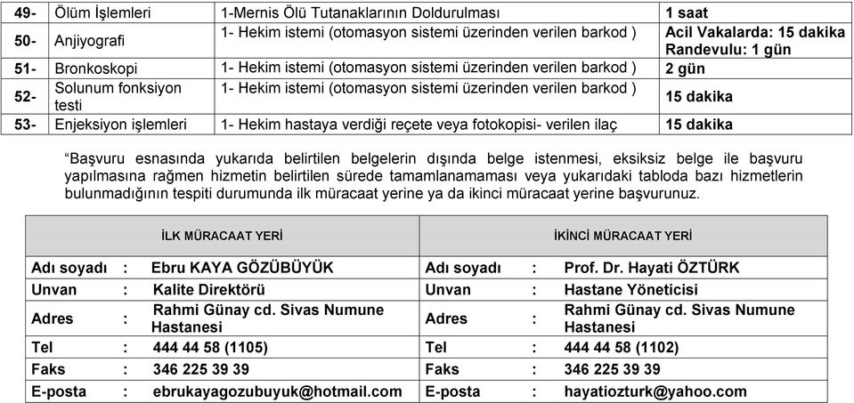 belirtilen sürede tamamlanamaması veya yukarıdaki tabloda bazı hizmetlerin bulunmadığının tespiti durumunda ilk müracaat yerine ya da ikinci müracaat yerine başvurunuz.