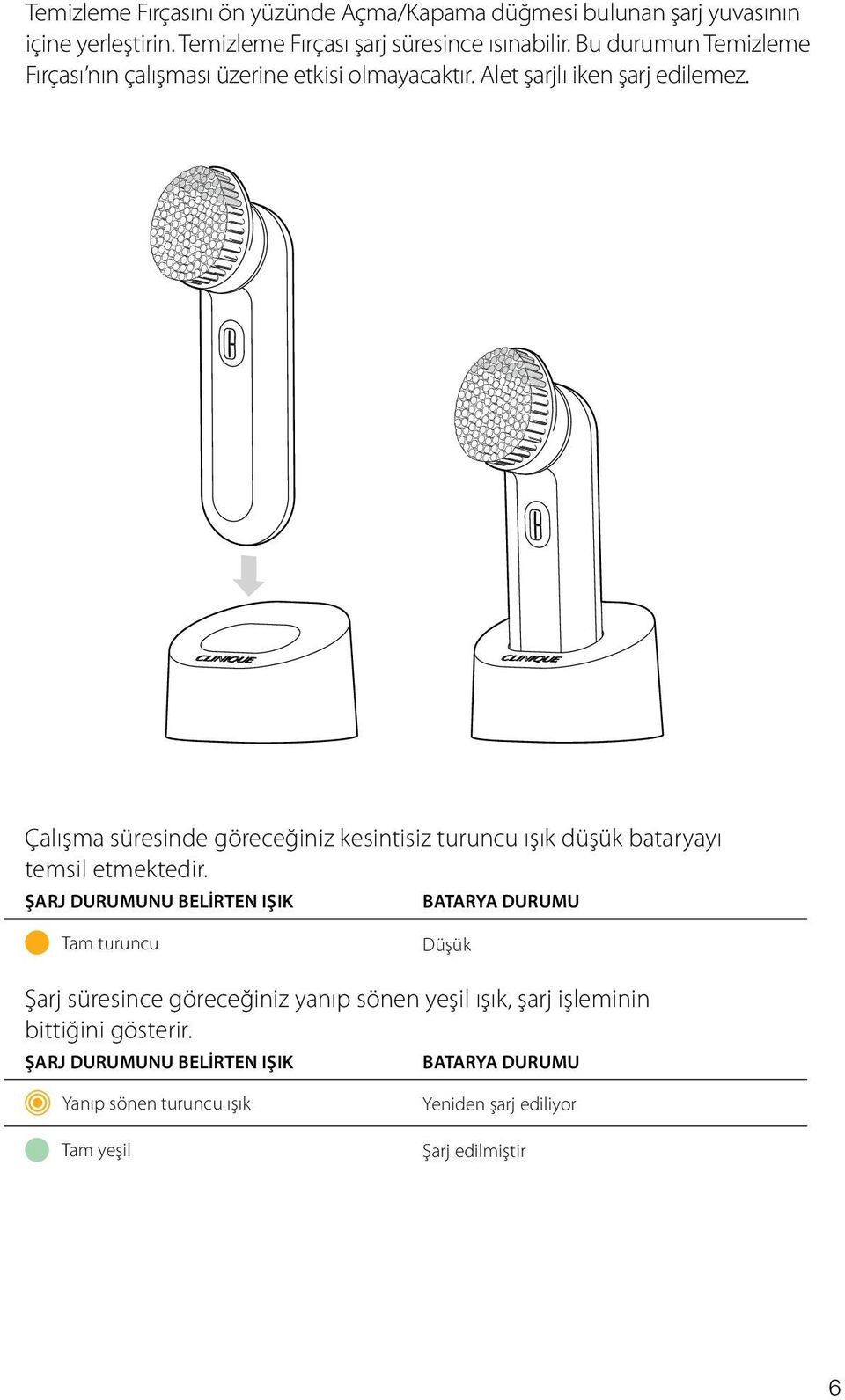 Çalışma süresinde göreceğiniz kesintisiz turuncu ışık düşük bataryayı temsil etmektedir.