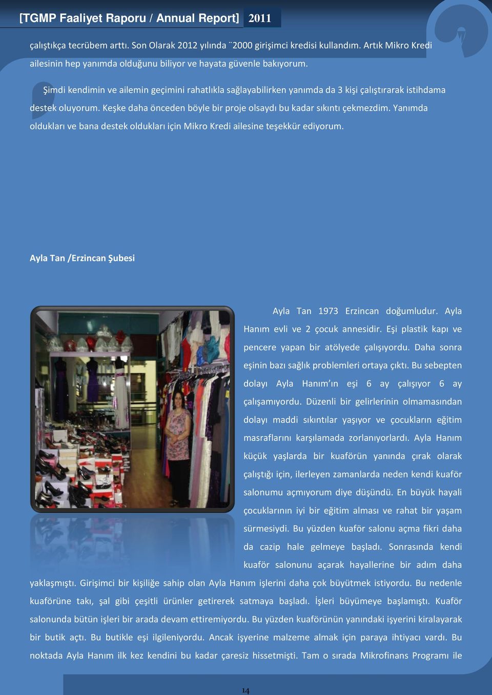 Yanımda oldukları ve bana destek oldukları için Mikro Kredi ailesine teşekkür ediyorum. Ayla Tan /Erzincan Şubesi Ayla Tan 1973 Erzincan doğumludur. Ayla Hanım evli ve 2 çocuk annesidir.