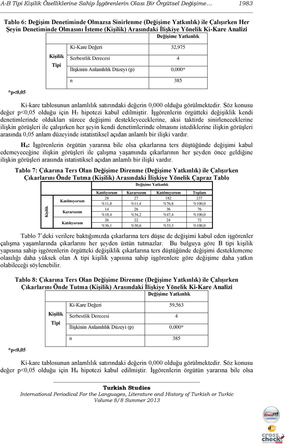 tablosunun anlamlılık satırındaki değerin 0,000 olduğu görülmektedir. Söz konusu değer p<0,05 olduğu için H 3 hipotezi kabul edilmiştir.