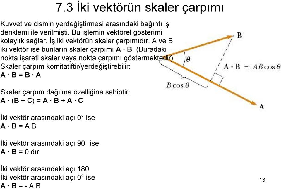 (Buradaki nokta işareti ş skaler veya nokta çarpımı göstermektedir) Skaler çarpım komitatiftir/yerdeğiştirebilir: A B = B A Skaler çarpım dağılma