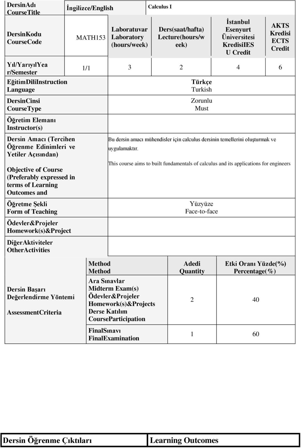 İngilizce/English MATH153 Laboratuvar Laboratory (hours/week) Calculus I Ders(saat/hafta) Lecture(hours/w eek) İstanbul Esenyurt Üniversitesi KredisiIES U Credit AKTS Kredisi ECTS Credit 1/1 3 2 4 6