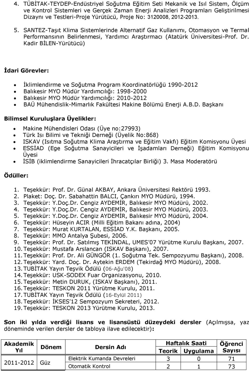 Kadir BİLEN-Yürütücü) İdari Görevler: İklimlendirme ve Soğutma Program Koordinatörlüğü 1990-2012 Balıkesir MYO Müdür Yardımcılığı: 1998-2000 Balıkesir MYO Müdür Yardımcılığı: 2010-2012 BAÜ