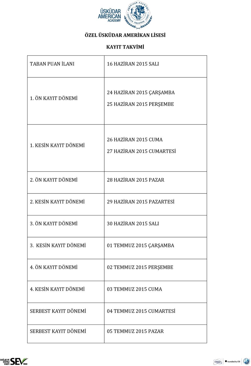 ÖN KAYIT DÖNEMİ 28 HAZİRAN 2015 PAZAR 2. KESİN KAYIT DÖNEMİ 29 HAZİRAN 2015 PAZARTESİ 3. ÖN KAYIT DÖNEMİ 30 HAZİRAN 2015 SALI 3.