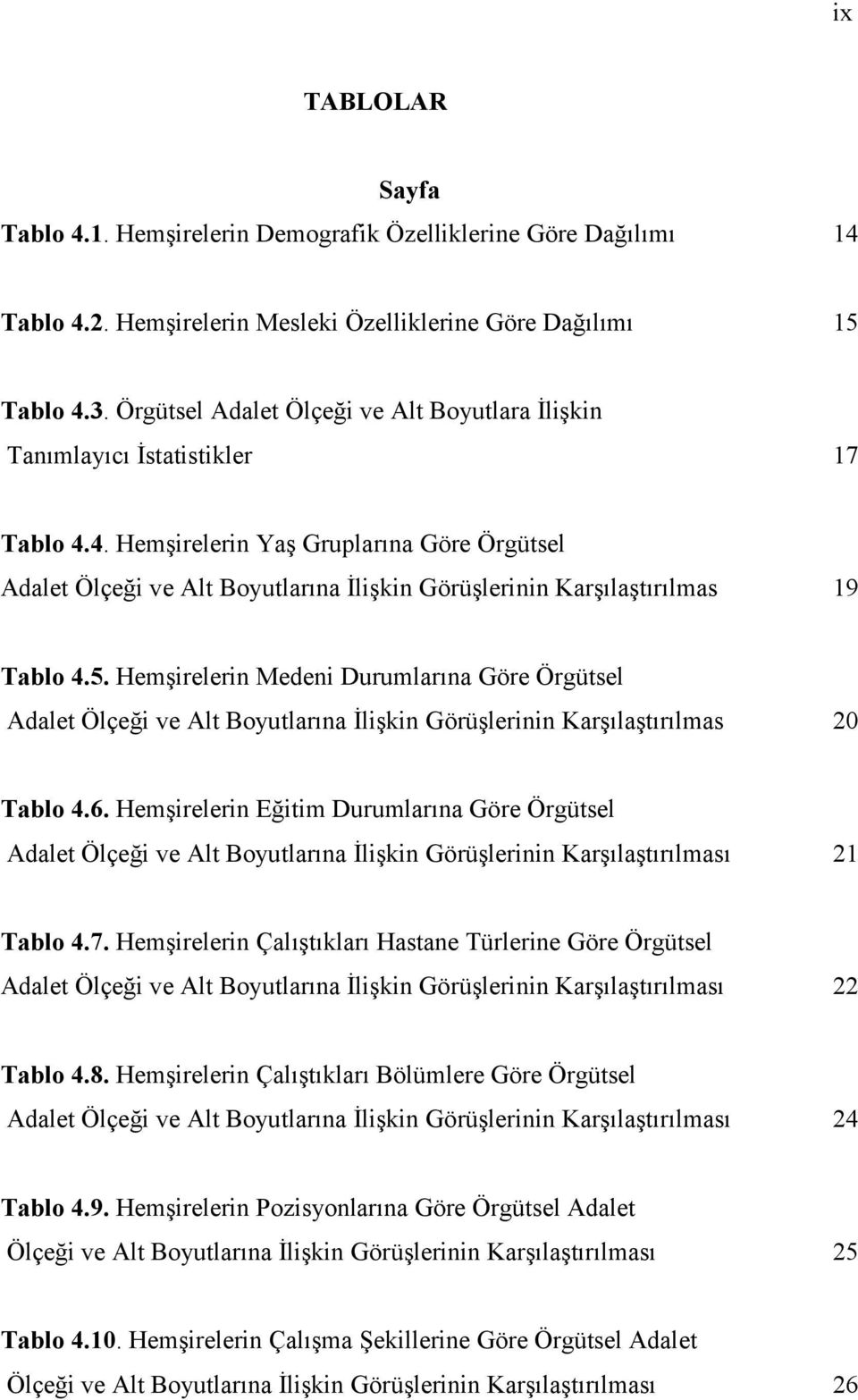 4. Hemşirelerin Yaş Gruplarına Göre Örgütsel Adalet Ölçeği ve Alt Boyutlarına İlişkin Görüşlerinin Karşılaştırılmas 19 Tablo 4.5.