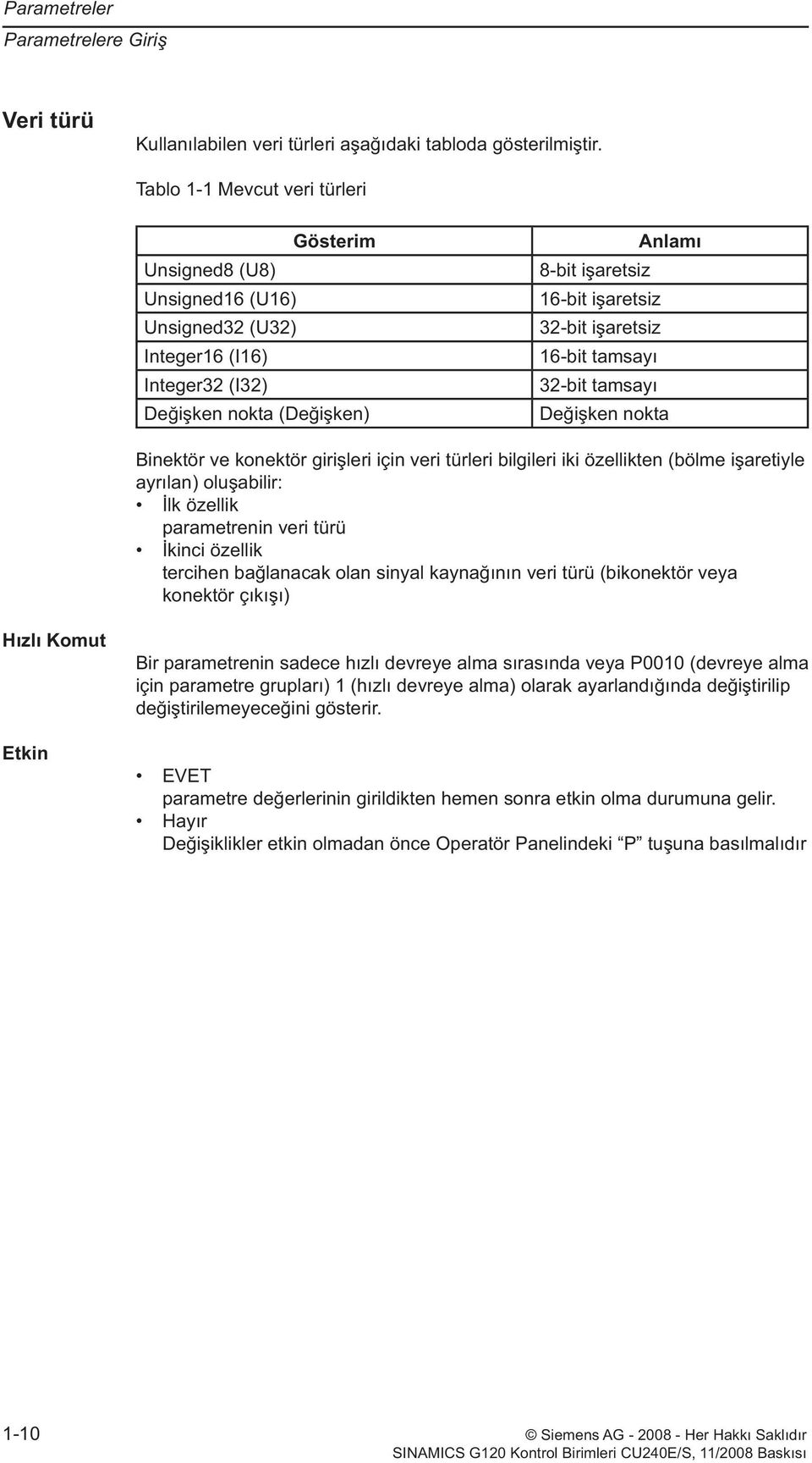 işaretsiz 16-bit tamsayı 32-bit tamsayı Değişken nokta Binektör ve konektör girişleri için veri türleri bilgileri iki özellikten (bölme işaretiyle ayrılan) oluşabilir: İlk özellik parametrenin veri