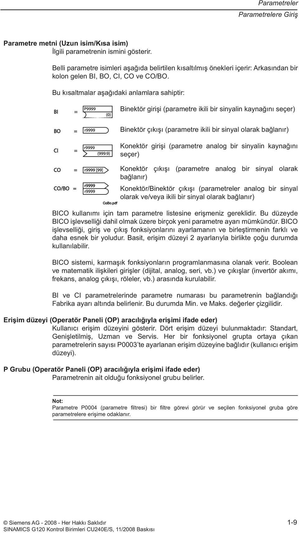 Bu kısaltmalar aşağıdaki anlamlara sahiptir: Binektör girişi (parametre ikili bir sinyalin kaynağını seçer) Binektör çıkışı (parametre ikili bir sinyal olarak bağlanır) Konektör girişi (parametre