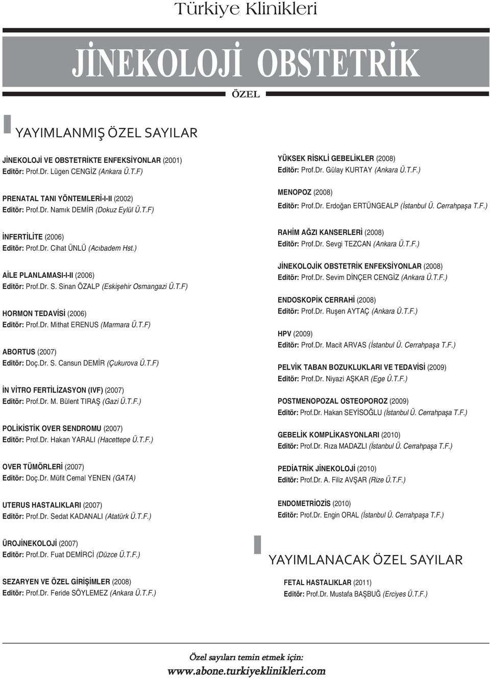 ) AİLE PLANLAMASI-I-II (2006) Editör: Prof.Dr. S. Sinan ÖZALP (Eskişehir Osmangazi Ü.T.F) HORMON TEDAVİSİ (2006) Editör: Prof.Dr. Mithat ERENUS (Marmara Ü.T.F) ABORTUS (2007) Editör: Doç.Dr. S. Cansun DEMİR (Çukurova Ü.