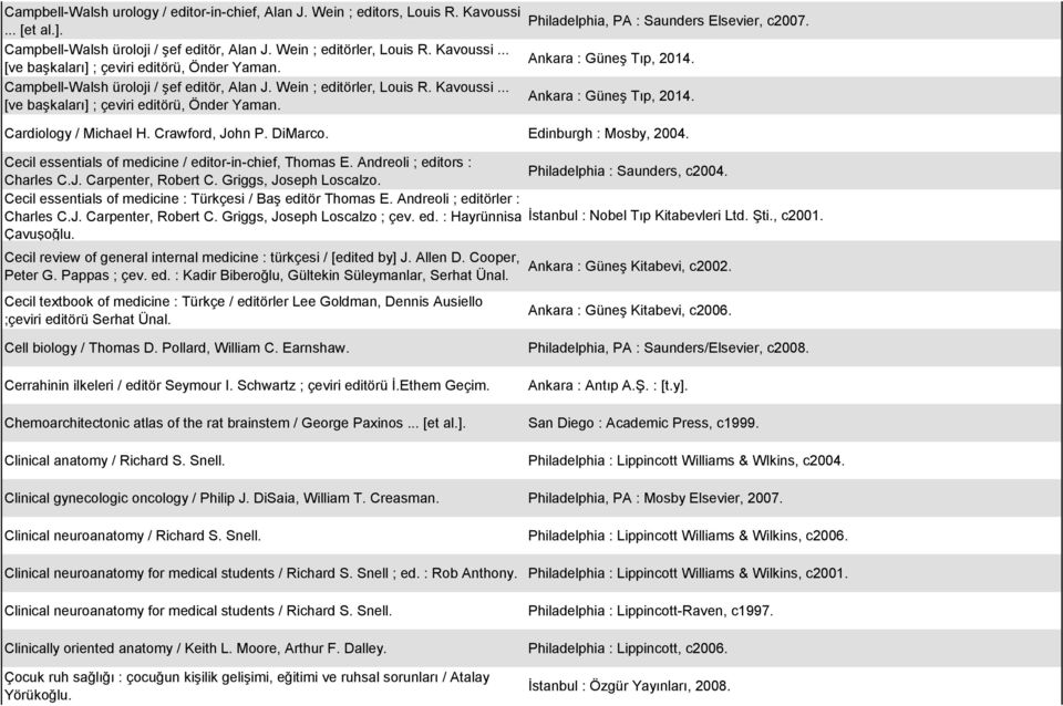 Crawford, John P. DiMarco. Edinburgh : Mosby, 2004. Cecil essentials of medicine / editor-in-chief, Thomas E. Andreoli ; editors : Philadelphia : Saunders, c2004. Charles C.J. Carpenter, Robert C.