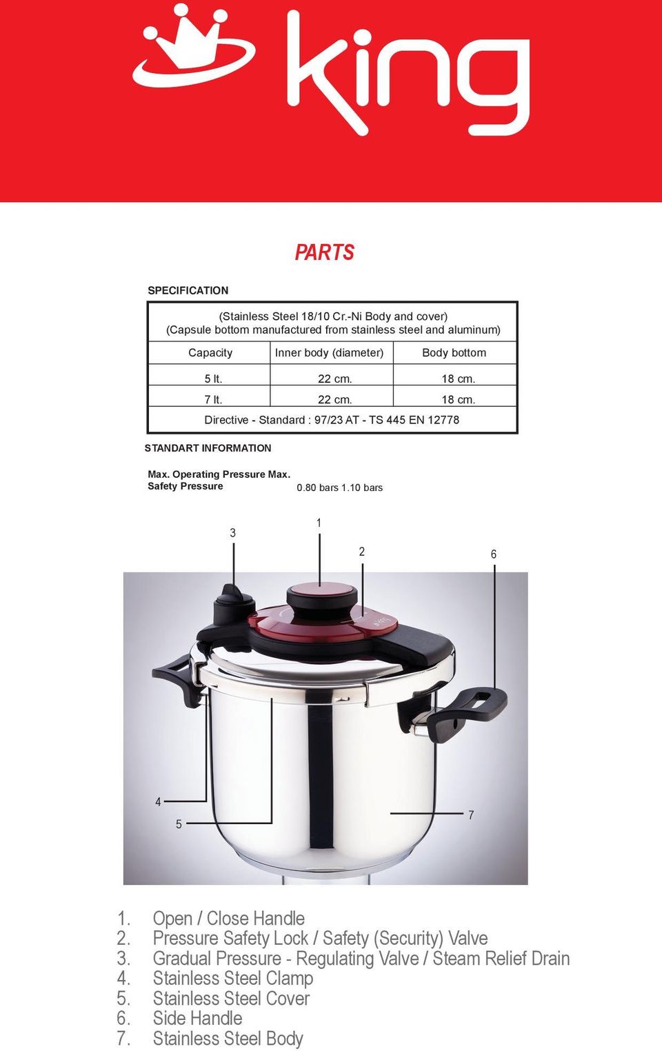 7 lt. 22 cm. 18 cm. Directive - Standard : 97/23 AT - TS 445 EN 12778 STANDART INFORMATION Max. Operating Pressure Max. Safety Pressure 0.