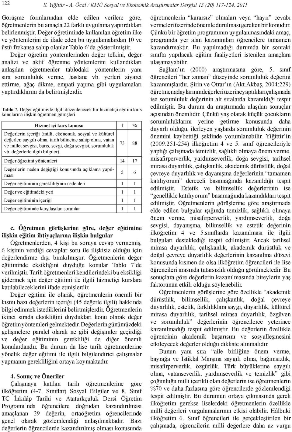 Değer öğretiminde kullanılan öğretim ilke ve yöntemlerini de ifade eden bu uygulamalardan 10 ve üstü frekansa sahip olanlar Tablo 6 da gösterilmiştir.