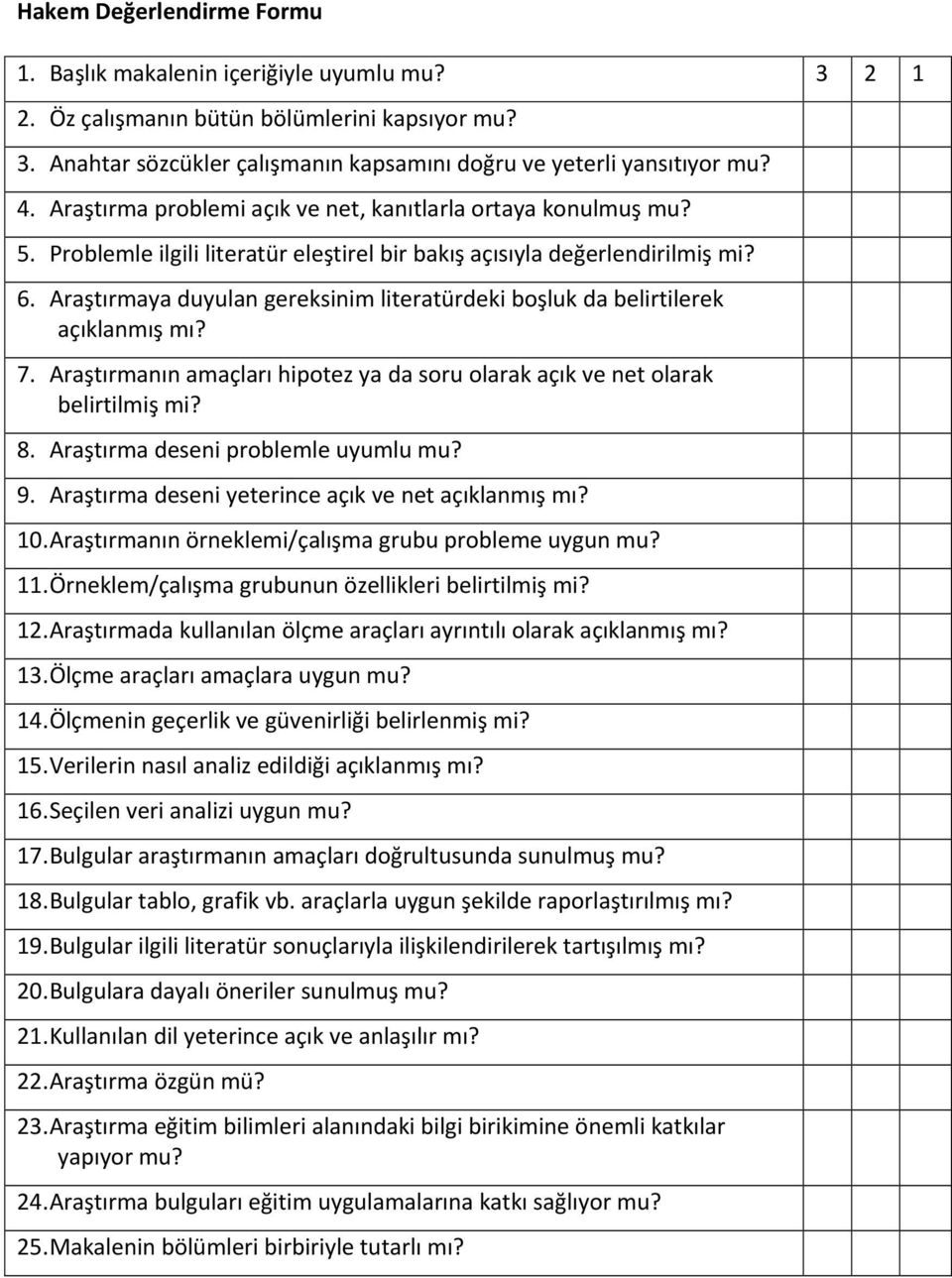 Araştırmaya duyulan gereksinim literatürdeki boşluk da belirtilerek açıklanmış mı? 7. Araştırmanın amaçları hipotez ya da soru olarak açık ve net olarak belirtilmiş mi? 8.