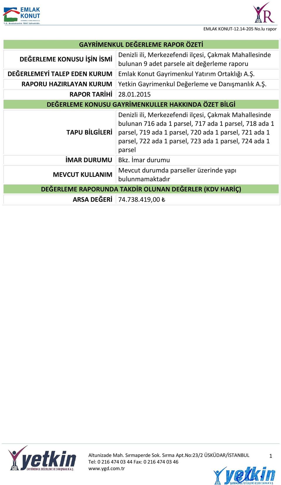 2015 DEĞERLEME KONUSU GAYRİMENKULLER HAKKINDA ÖZET BİLGİ Denizli ili, Merkezefendi ilçesi, Çakmak Mahallesinde bulunan 716 ada 1 parsel, 717 ada 1 parsel, 718 ada 1 TAPU BİLGİLERİ parsel, 719 ada 1