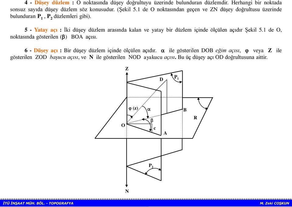 5 - Yatay açı : İki düşey düzlem arasında kalan ve yatay bir düzlem içinde ölçülen açıdır Şekil 5.1 de O, noktasında gösterilen ( ) BOA açısı.