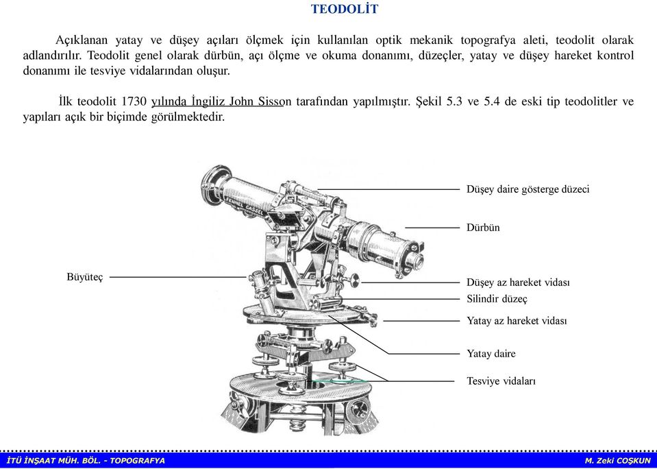 oluşur. İlk teodolit 1730 yılında İngiliz John Sisson tarafından yapılmıştır. Şekil 5.3 ve 5.