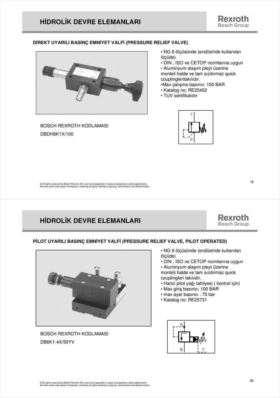 Max çalı ma basıncı: 100 BAR Katalog no: RE25402 TUV sertifikalıdır DBDH6K1X/100 19 H DROL K DEVRE ELEMANLARI P LOT UYARILI BASINÇ EMN YET VALF (PRESSURE RELIEF VALVE, PILOT OPERATED) NG