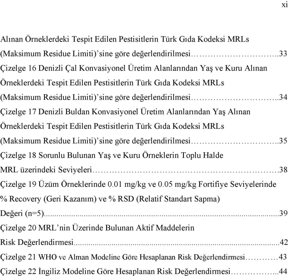 .34 Çizelge 17 Denizli Buldan Konvasiyonel Üretim Alanlarından Yaş Alınan Örneklerdeki Tespit Edilen Pestisitlerin Türk Gıda Kodeksi MRLs (Maksimum Residue Limiti) sine göre değerlendirilmesi.