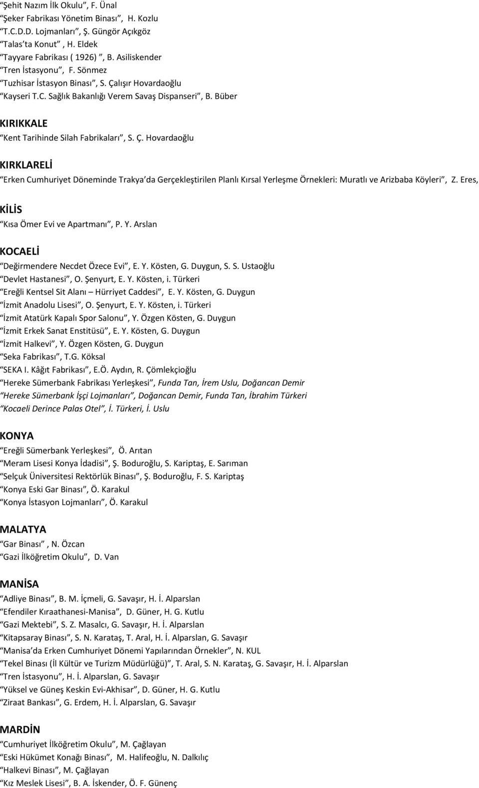 Eres, KİLİS Kısa Ömer Evi ve Apartmanı, P. Y. Arslan KOCAELİ Değirmendere Necdet Özece Evi, E. Y. Kösten, G. Duygun, S. S. Ustaoğlu Devlet Hastanesi, O. Şenyurt, E. Y. Kösten, i.
