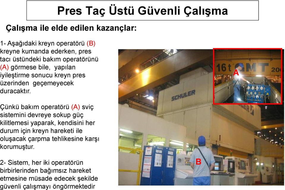 A Çünkü bakım operatörü (A) sviç sistemini devreye sokup güç kilitlemesi yaparak, kendisini her durum için kreyn hareketi ile oluşacak