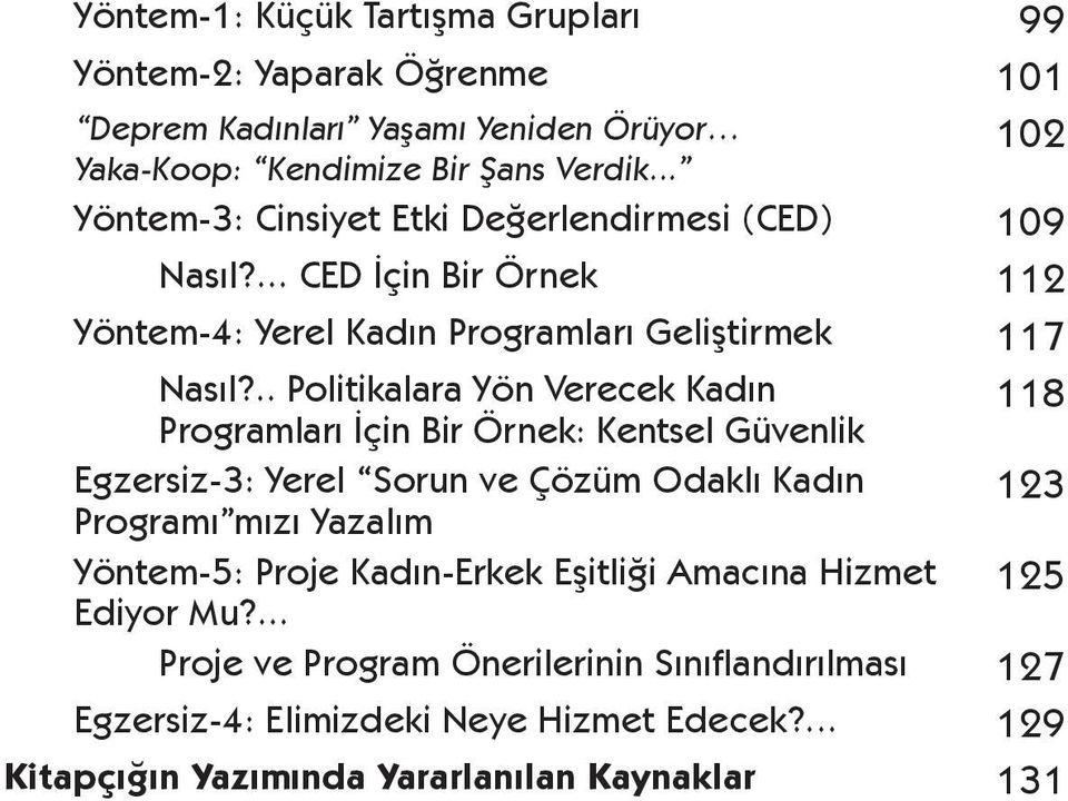 .. Politikalara Yön Verecek Kadın Programları İçin Bir Örnek: Kentsel Güvenlik 118 Egzersiz-3: Yerel Sorun ve Çözüm Odaklı Kadın Programı mızı Yazalım 123 Yöntem-5: