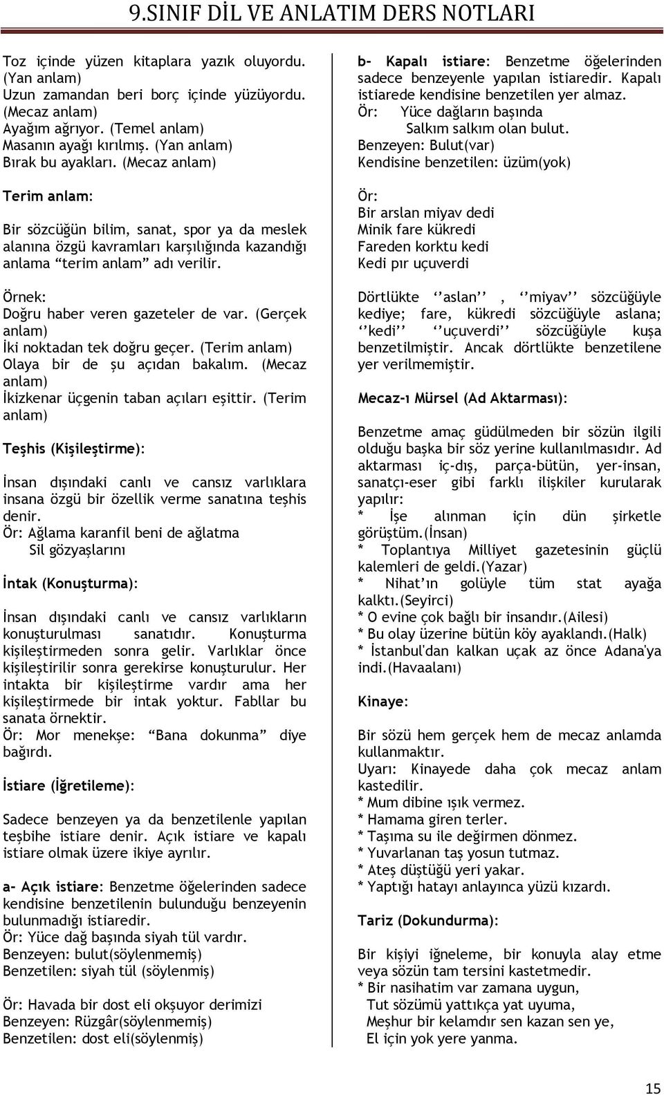 (Gerçek anlam) İki noktadan tek doğru geçer. (Terim anlam) Olaya bir de şu açıdan bakalım. (Mecaz anlam) İkizkenar üçgenin taban açıları eşittir.