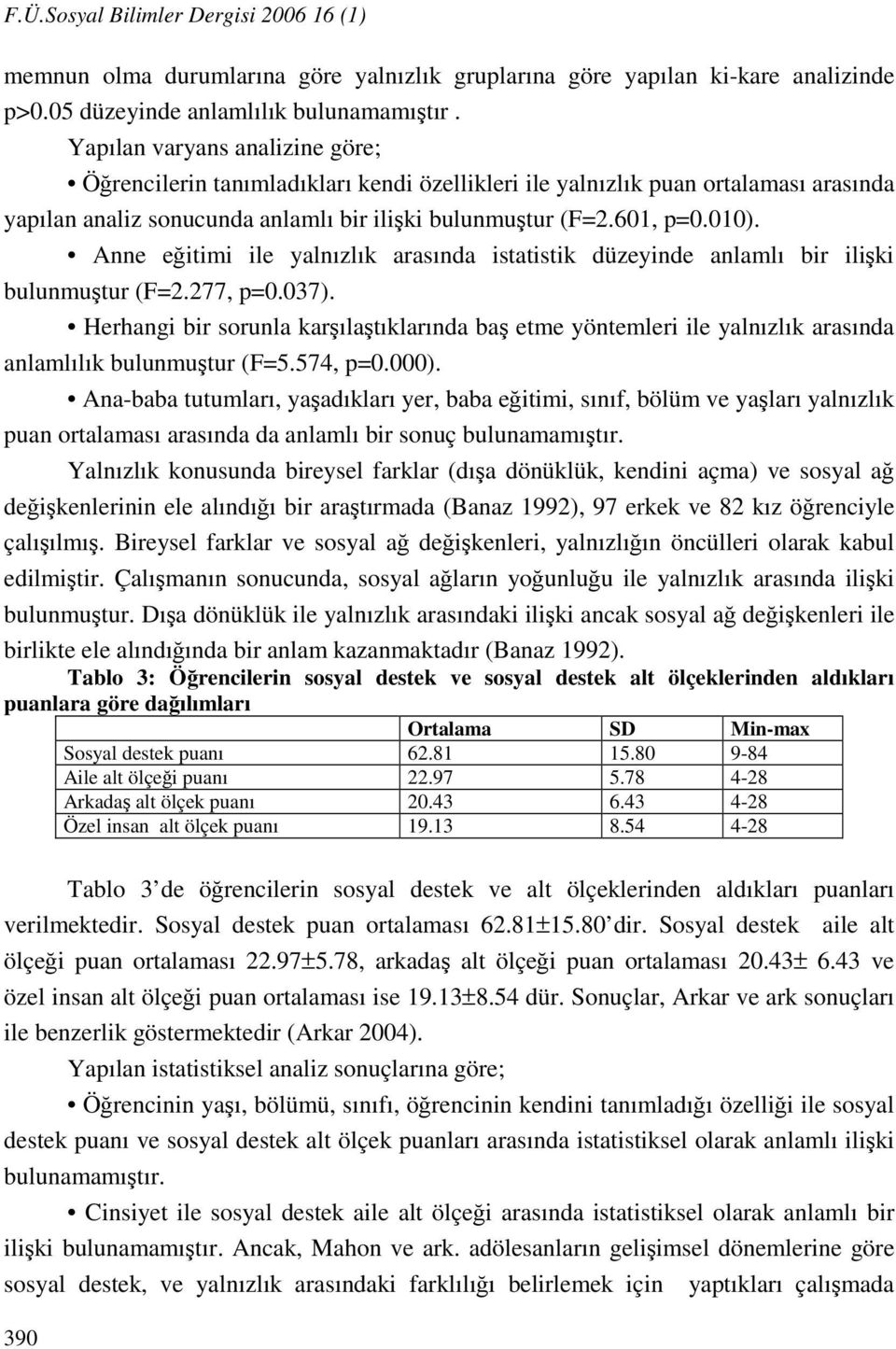 Anne eğitimi ile yalnızlık arasında istatistik düzeyinde anlamlı bir ilişki bulunmuştur (F=2.277, p=0.037).