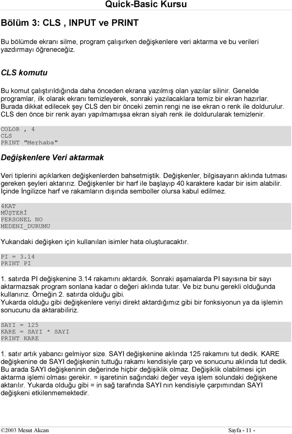 Burada dikkat edilecek şey CLS den bir önceki zemin rengi ne ise ekran o renk ile doldurulur. CLS den önce bir renk ayarı yapılmamışsa ekran siyah renk ile doldurularak temizlenir.