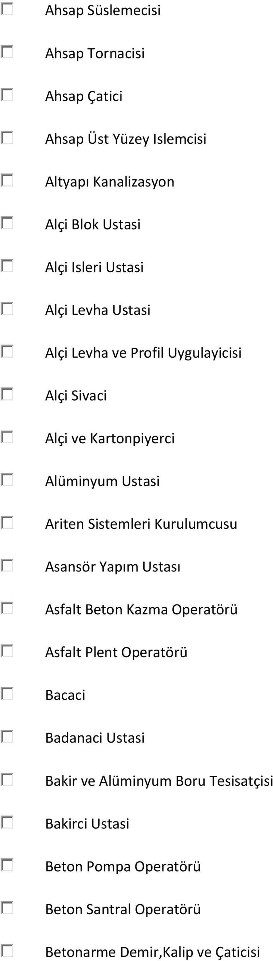 Sistemleri Kurulumcusu Asansör Yapım Ustası Asfalt Beton Kazma Operatörü Asfalt Plent Operatörü Bacaci Badanaci Ustasi