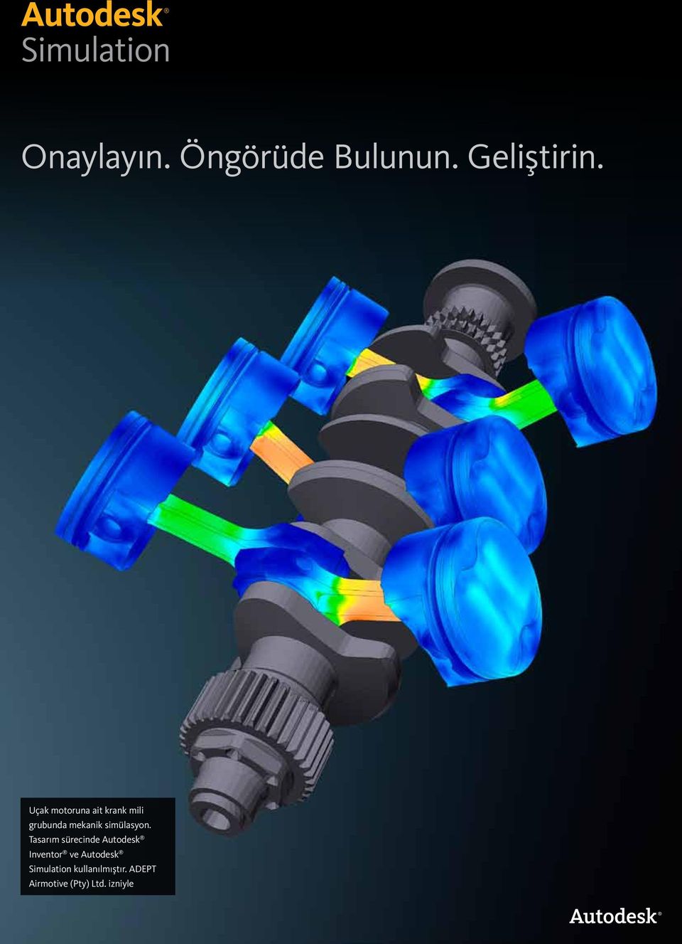 Uçak motoruna ait krank mili grubunda mekanik simülasyon.