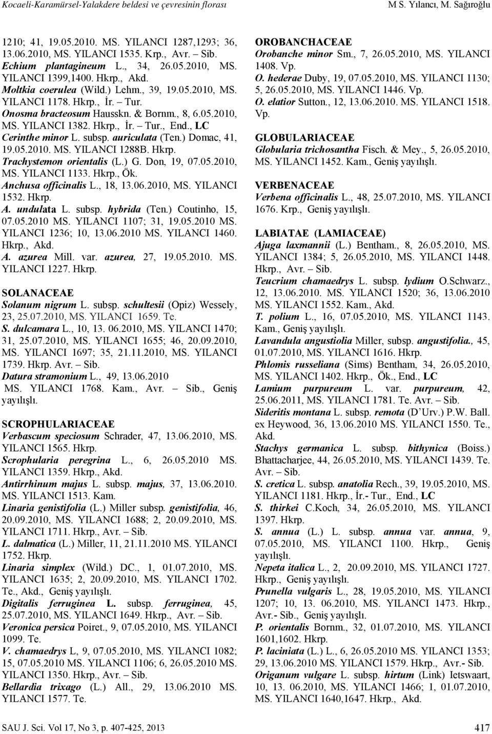 , İr. Tur., End., LC Cerinthe minor L. subsp. auriculata (Ten.) Domac, 41, 19.05.2010. MS. YILANCI 1288B. Trachystemon orientalis (L.) G. Don, 19, 07.05.2010, MS. YILANCI 1133., Ök.