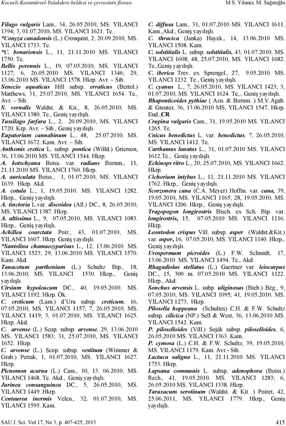 06.2010 MS. YILANCI 1578. Avr. Sib. Senecio aquaticus Hill subsp. erraticus (Bertol.) Matthews, 31, 25.07.2010, MS. YILANCI 1654. Te., Avr. Sib. S. vernalis Waldst. & Kit., 8, 26.05.2010, MS. YILANCI 1380.