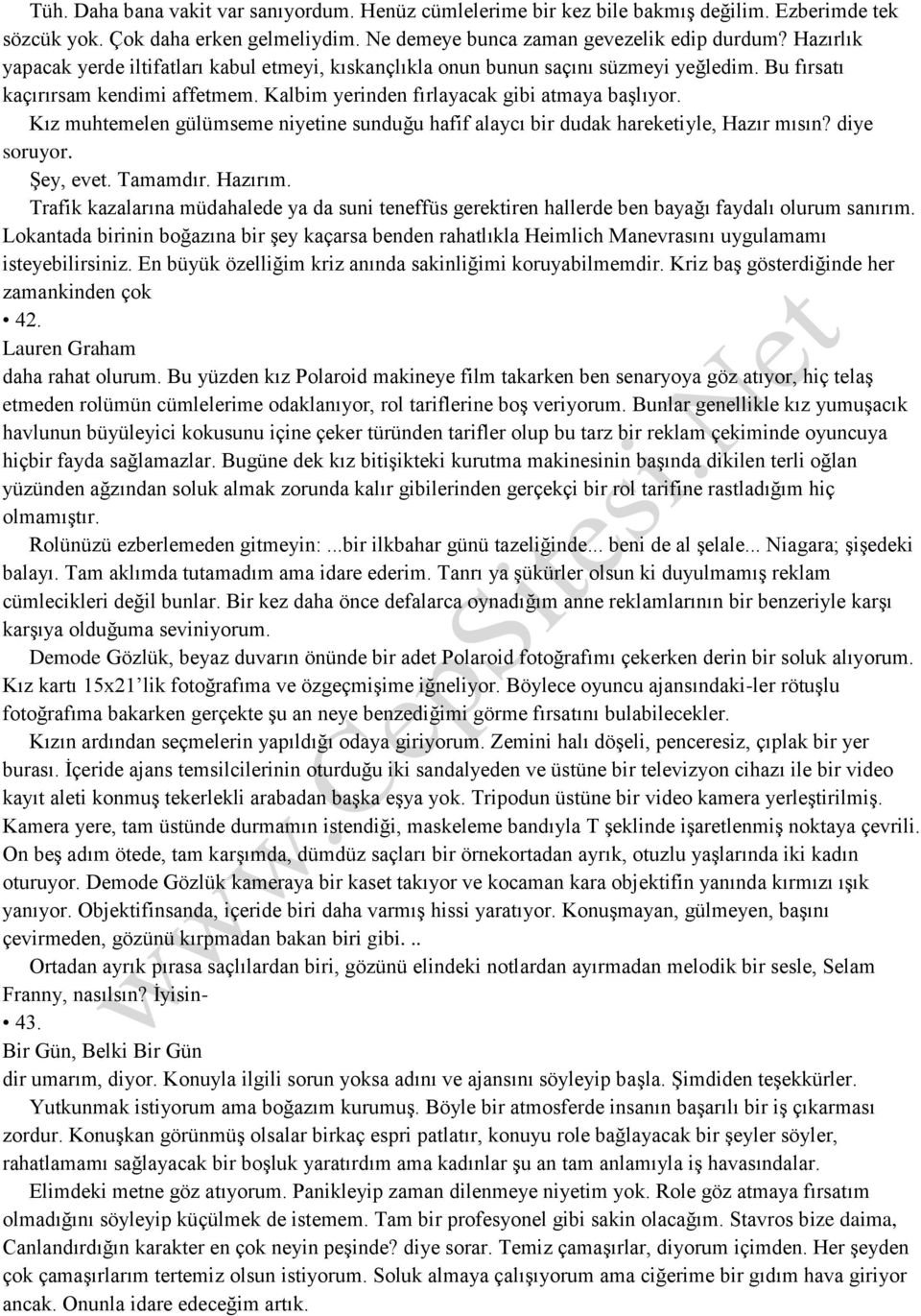 Kız muhtemelen gülümseme niyetine sunduğu hafif alaycı bir dudak hareketiyle, Hazır mısın? diye soruyor. Şey, evet. Tamamdır. Hazırım.